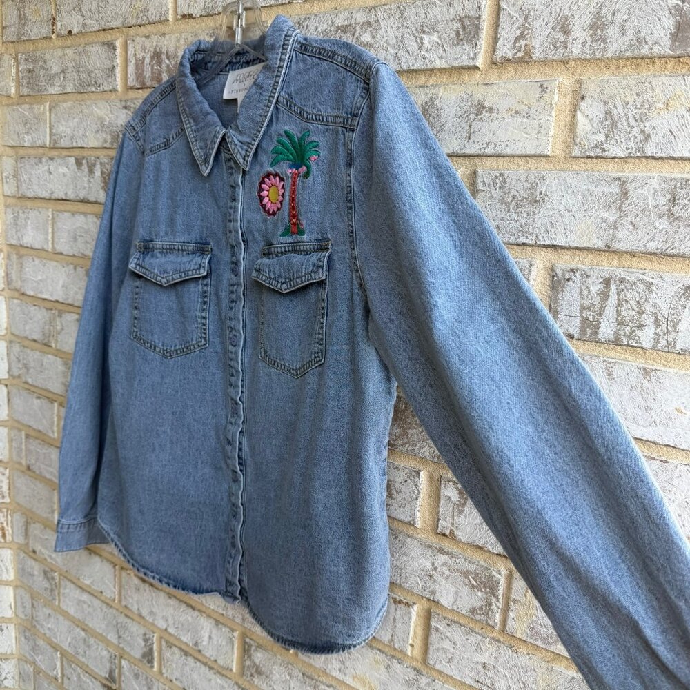 Mare Mare Anthropologie Long Sleeve Button Front Embroidered Denim Shirt Size L - Picture 6 of 8